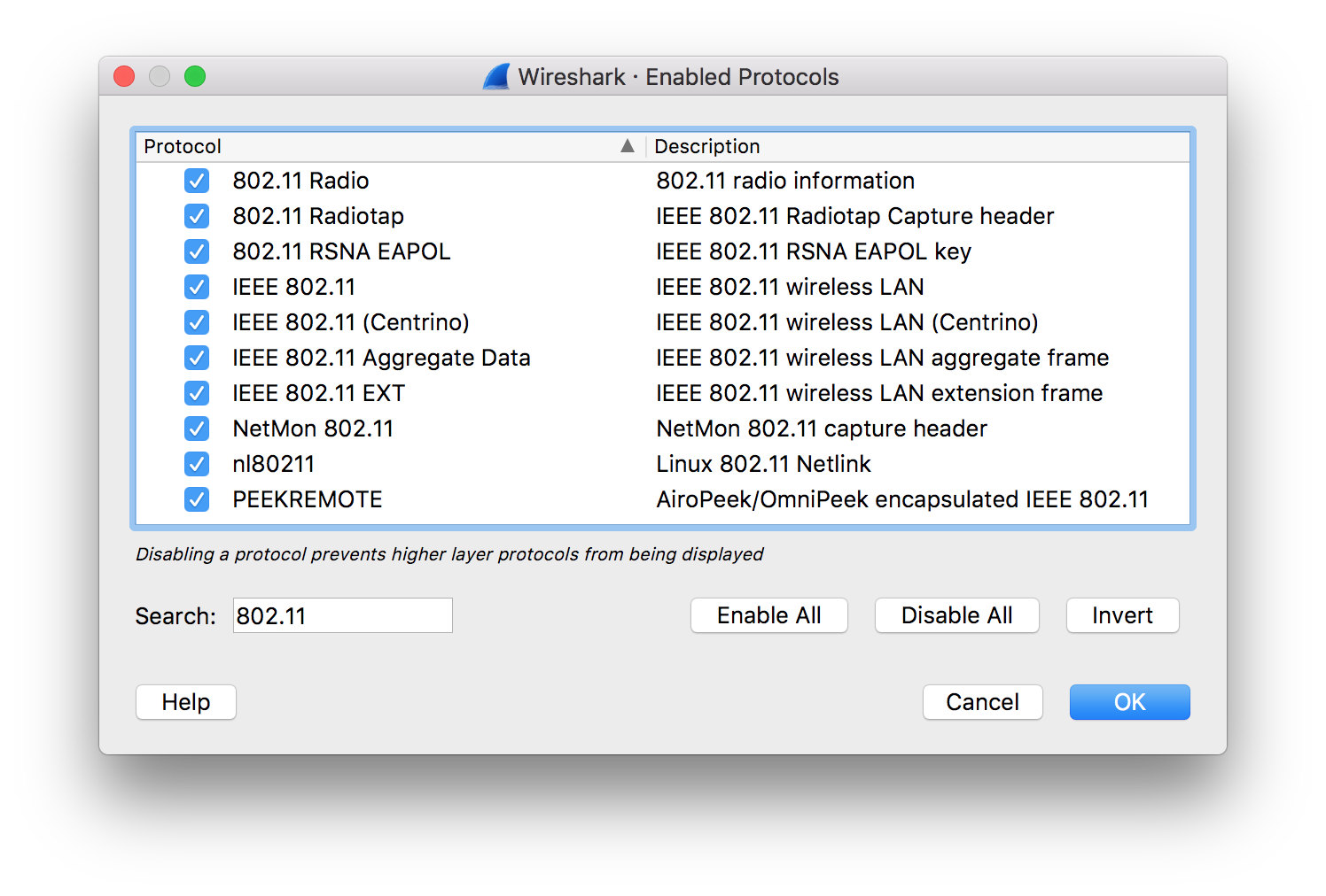 Wireshark protocol list