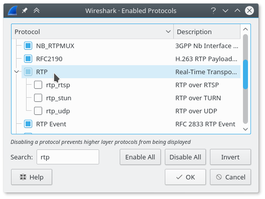 screenshot of Wireshark - Enabled Protocols